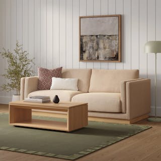 The Tully Sofa x Suri Coffee Table Bundle, contains products [Tully 92" Sofa - Hestia Buff] and [Suri 44" Rectangular Coffee Table - White Oak].