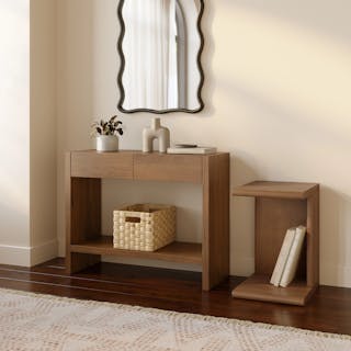 The Leif Storage Console x Torme Side Table Bundle, contains products [Leif 37" Storage Console - Smoked Oak] and [Torme C Side Table - Smoked Oak].