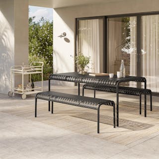 The Sarek Outdoor Bar Cart x Bench x Dining Table Bundle, contains products [Sarek 67" Outdoor Dining Table - Black], [Sarek 59" Outdoor Bench - Black] and [Sarek Outdoor Bar Cart - Taupe].