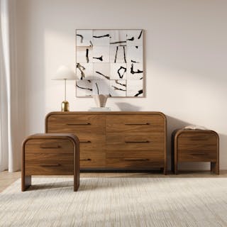 The Faydra Nightstand x Double Dresser Bundle, contains products [Faydra 6-Drawer Double Dresser - Walnut] and [Faydra 2-Drawer Nightstand - Walnut].