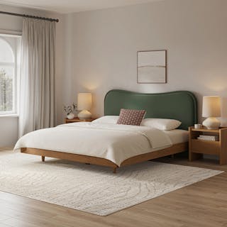 The Basi Bed x Makoa Velvet Headboard Bundle - King, contains products [Makoa King Velvet Headboard - Plush Pacific Green] and [Basi King Bed Frame - Smoked Oak].