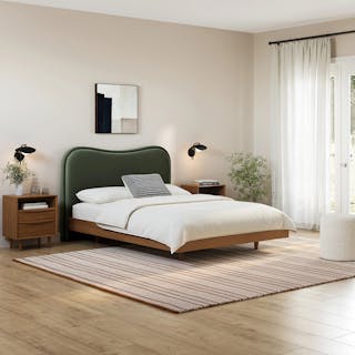 The Basi Bed x Makoa Velvet Headboard Bundle - Queen, contains products [Makoa Queen Velvet Headboard - Plush Pacific Green] and [Basi Queen Bed Frame - Smoked Oak].