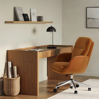 The Bea Executive Office Chair x Torme Desk Bundle, contains products [Bea Velvet Executive Office Chair - Hale Camel] and [Torme 70" Desk - Smoked Oak].