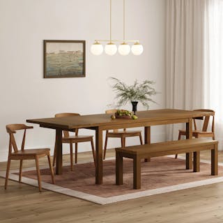 The Ashford Dining Table x Dining Bench x Morton Dining Chair Bundle, contains products [Ashford 66" - 102" Solid Wood Extendable Dining Table - Brushed Smoked Oak], [Ashford 58" Solid Wood Bench - Brushed Smoked Oak] and [Morton Dining Chair - Smoked Oak].