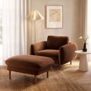The Sanders Velvet Lounge Chair x Ottoman Bundle, contains products [Sanders 37" Velvet Lounge Chair - Plush Pacific Brown] and [Sanders 35.5" Velvet Ottoman - Plush Pacific Brown].