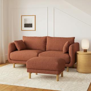 The Nora Sofa x Ottoman Bundle, contains products [Nora 77" Sofa - Hestia Caramel] and [Nora 32" Ottoman - Hestia Caramel].