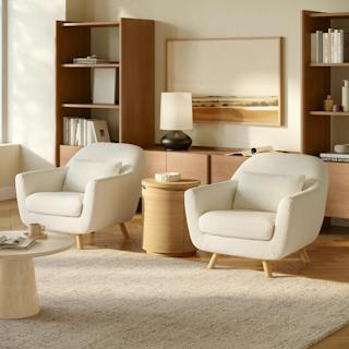The Gabriola Lounge Chairs x Small Pillows Bundle, contains products [Gabriola 34" Lounge Chair - Ivory Bouclé] and [Gabriola Small Pillow - Ivory Bouclé].