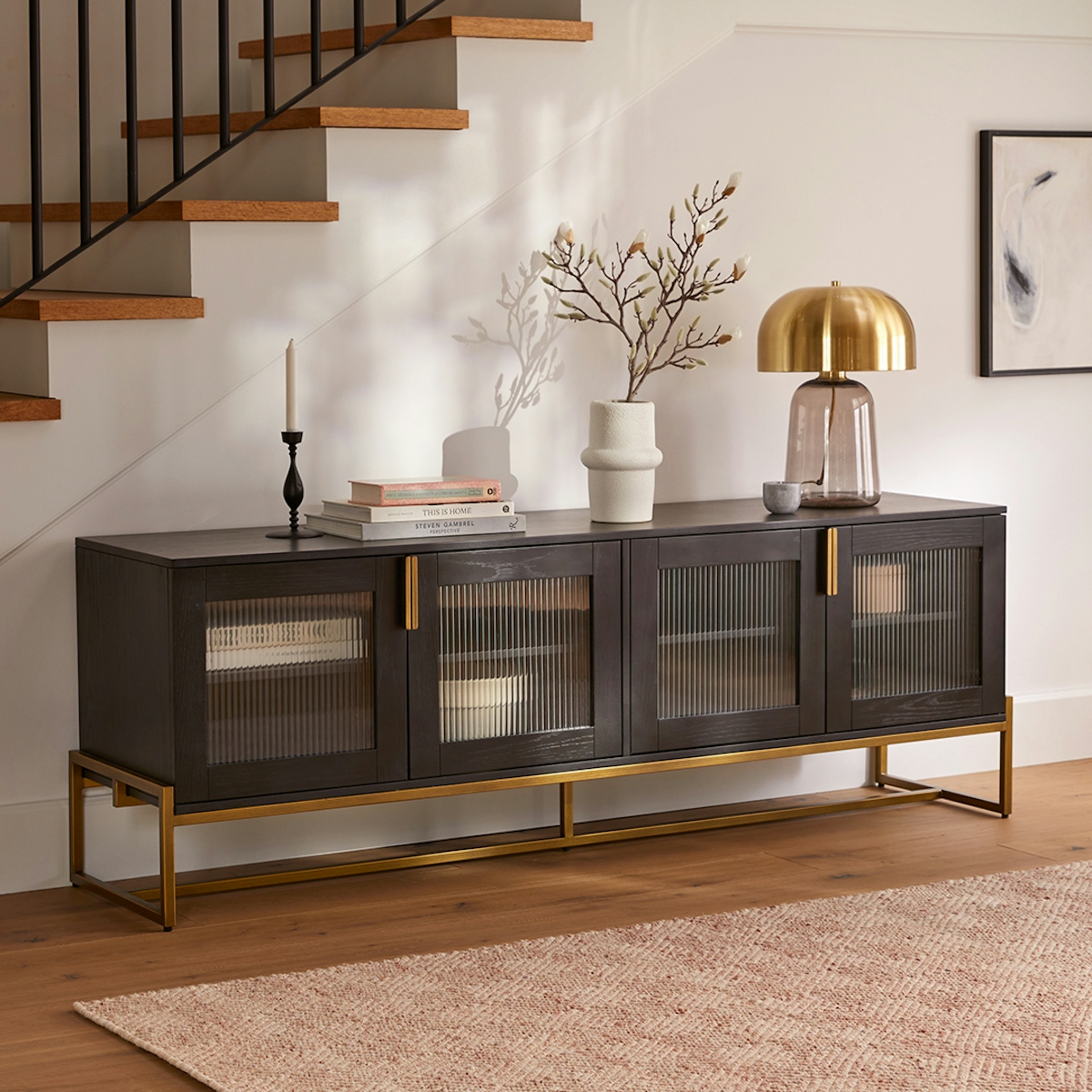 73" Brushed Brass & Black Stained Wood Media Unit w/ Oscuro