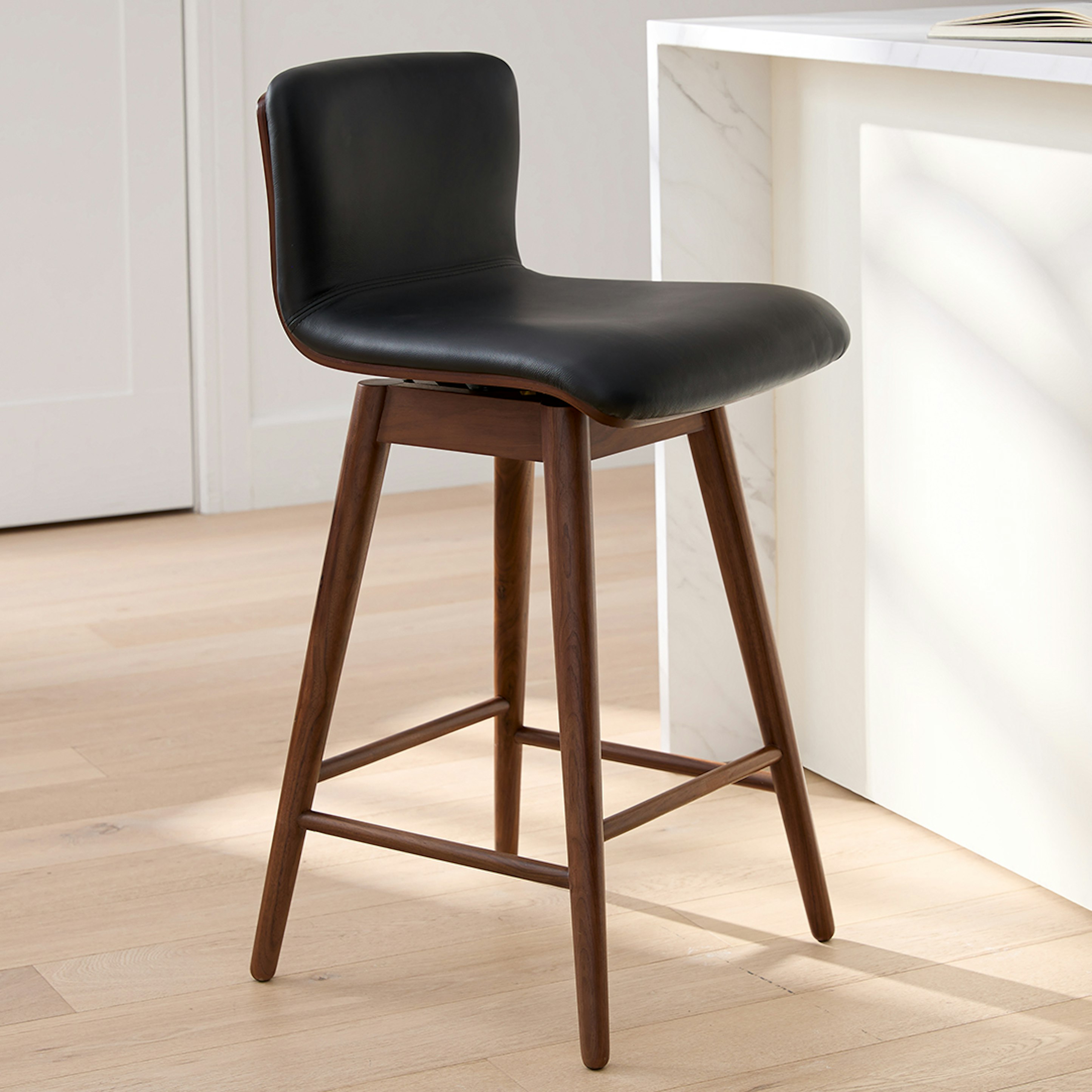 Walnut & Black Leather Swivel Counter Stool 