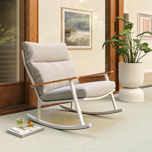 Eleya Matte White & Cera Gray Fabric Outdoor Rocking Chair | Article