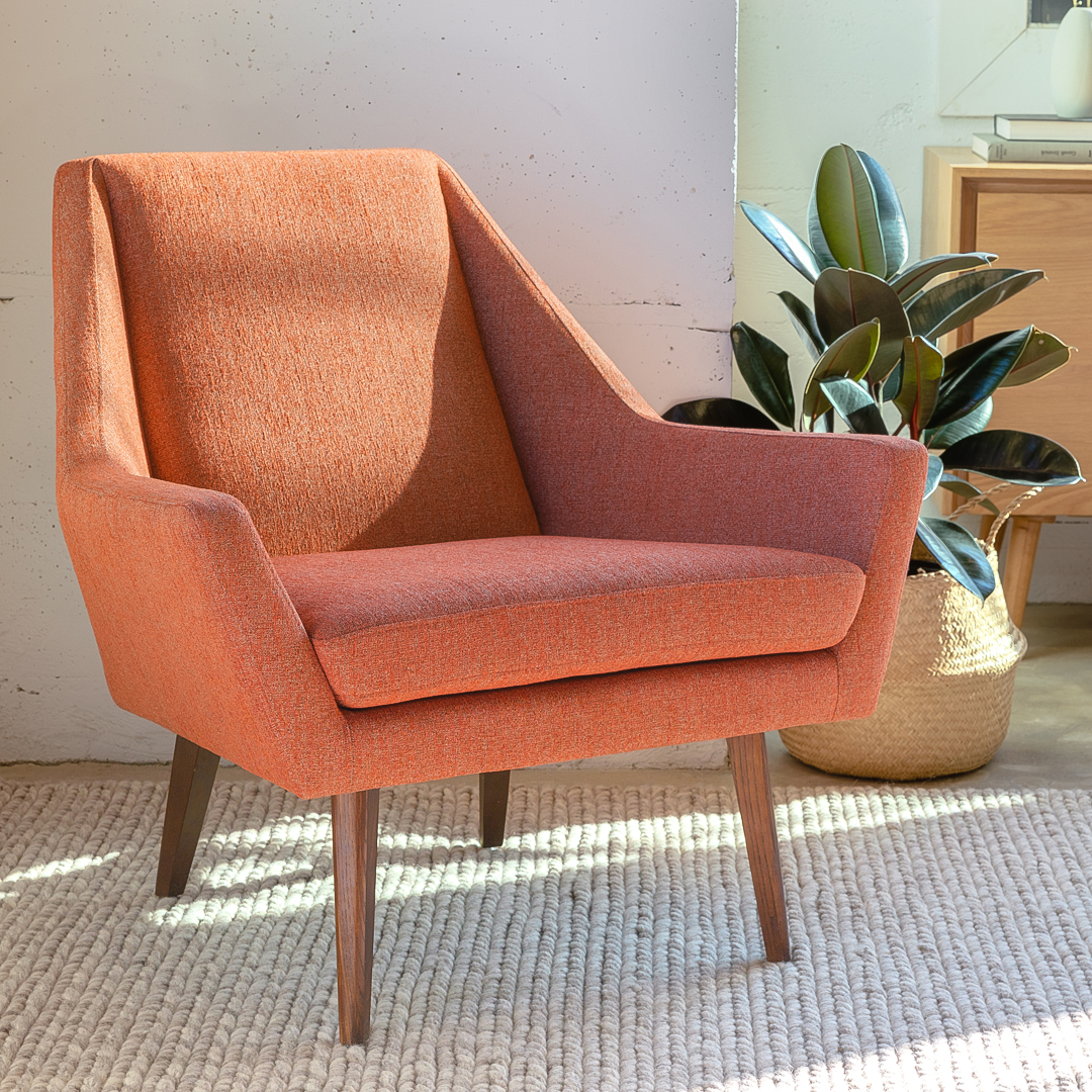 Angle Walnut Rosehip Orange Fabric Lounge Chair Article