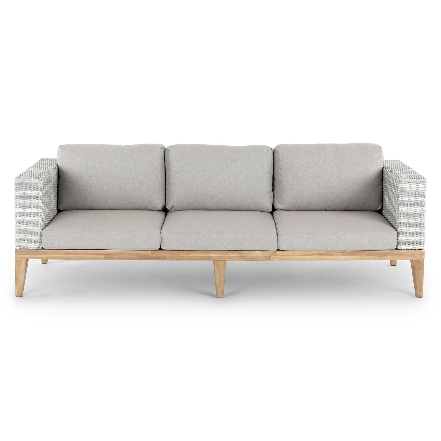 Slate Gray Fabric, Wicker & Acacia Wood Outdoor 3 Seater Sofa
