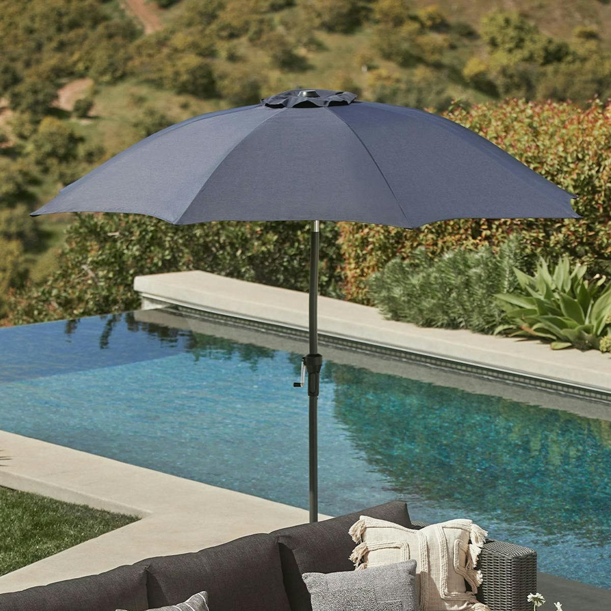 hangover patio umbrella Patioslife Aegis 10ft Round Cantilever with solar LED l US-Patioslife COVER A LARGE AREA Navy Fabric Outdoor Patio Umbrella
