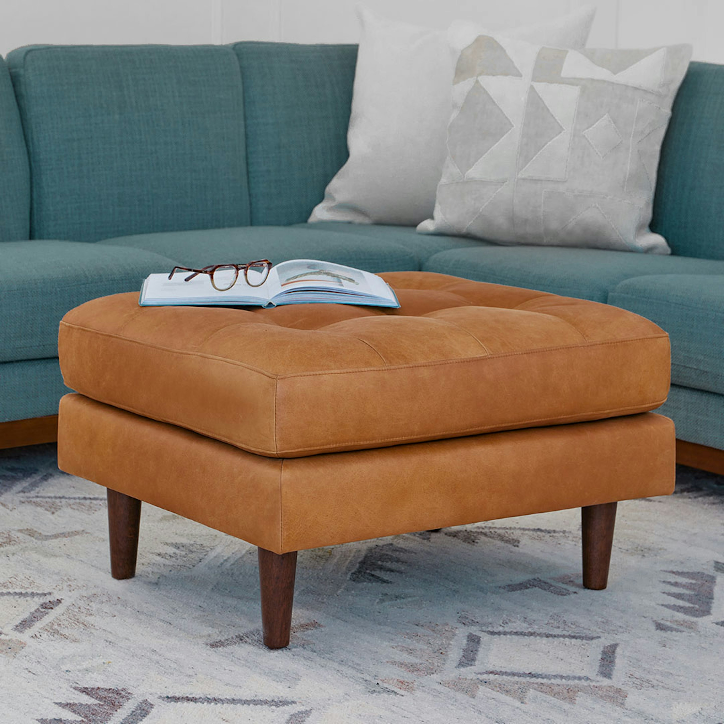 Sven Walnut & Charme Tan Leather Ottoman | Article