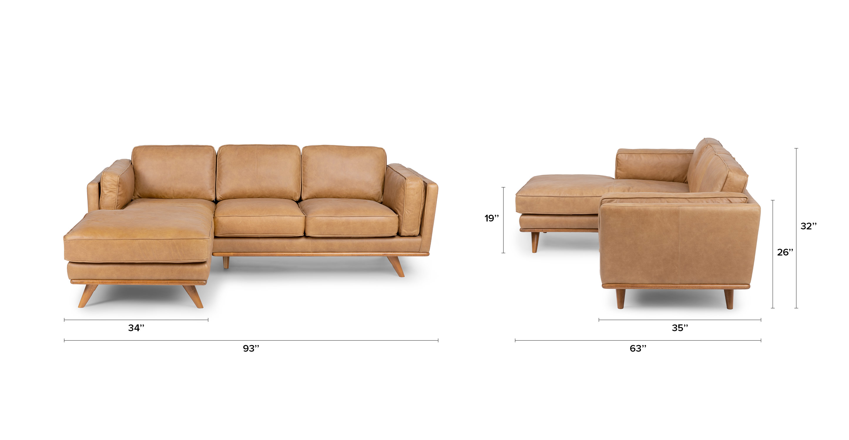 Charme Tan Timber Leather Honey Oak 3 Seater Left Sectional | Article