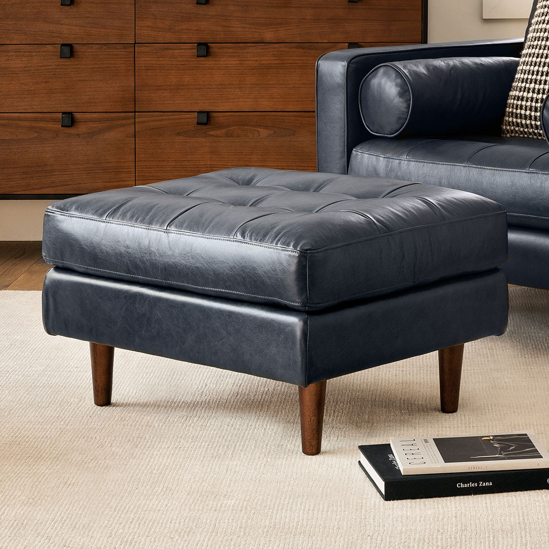 Sven Walnut Oxford Blue Leather Ottoman Article