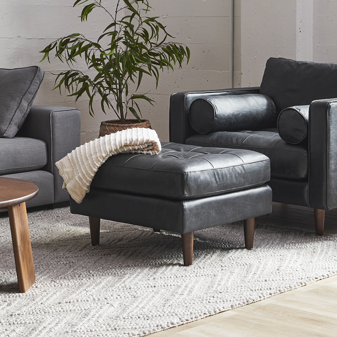 Sven Oxford Black Tufted Leather Ottoman | Article