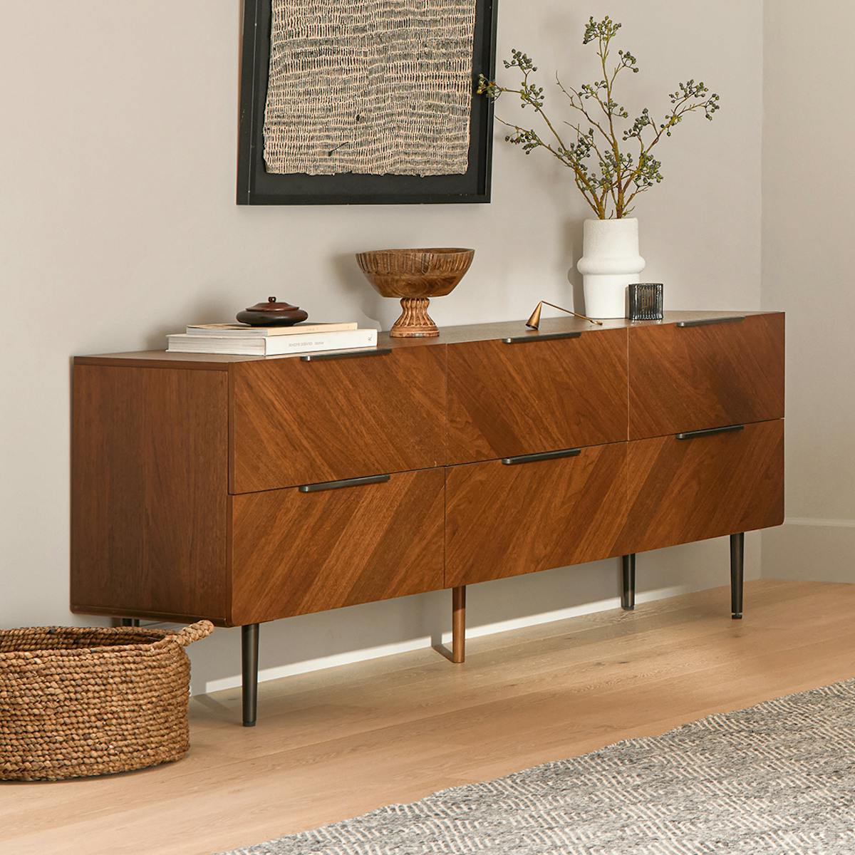 Walnut Nera 6 Drawer Wooden Low Double Dresser