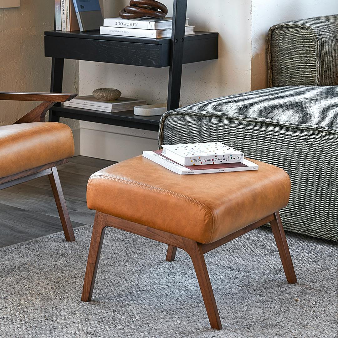 Square Walnut & Toscana Tan Leather Ottoman | Otio | Article