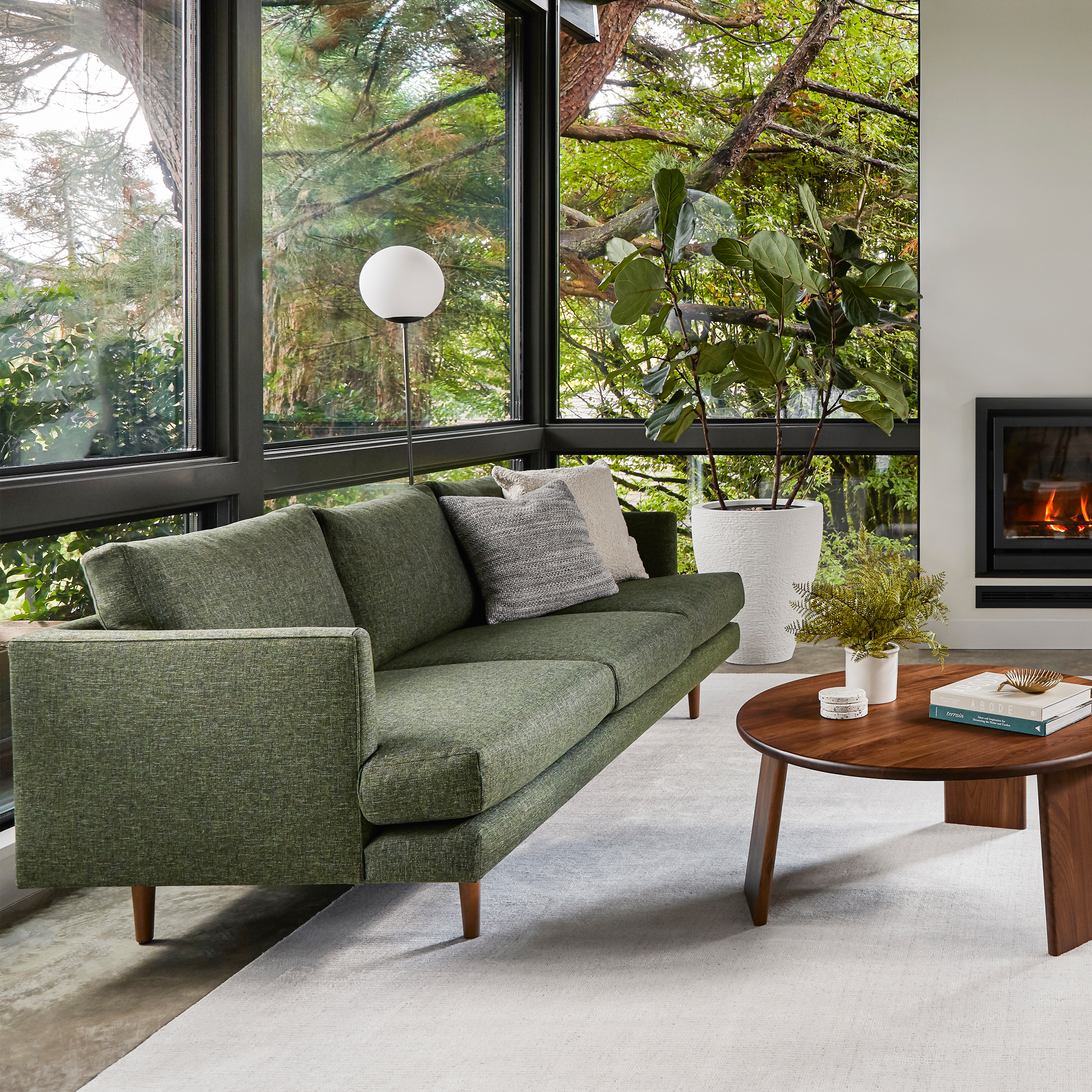 Burrard Walnut & Forest Green Fabric 3 Seater Sofa | Article
