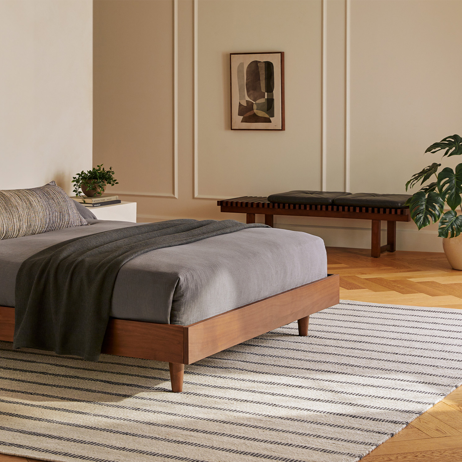Walnut Wood Bench w/ Oxford Black Leather Cushions | Ripa