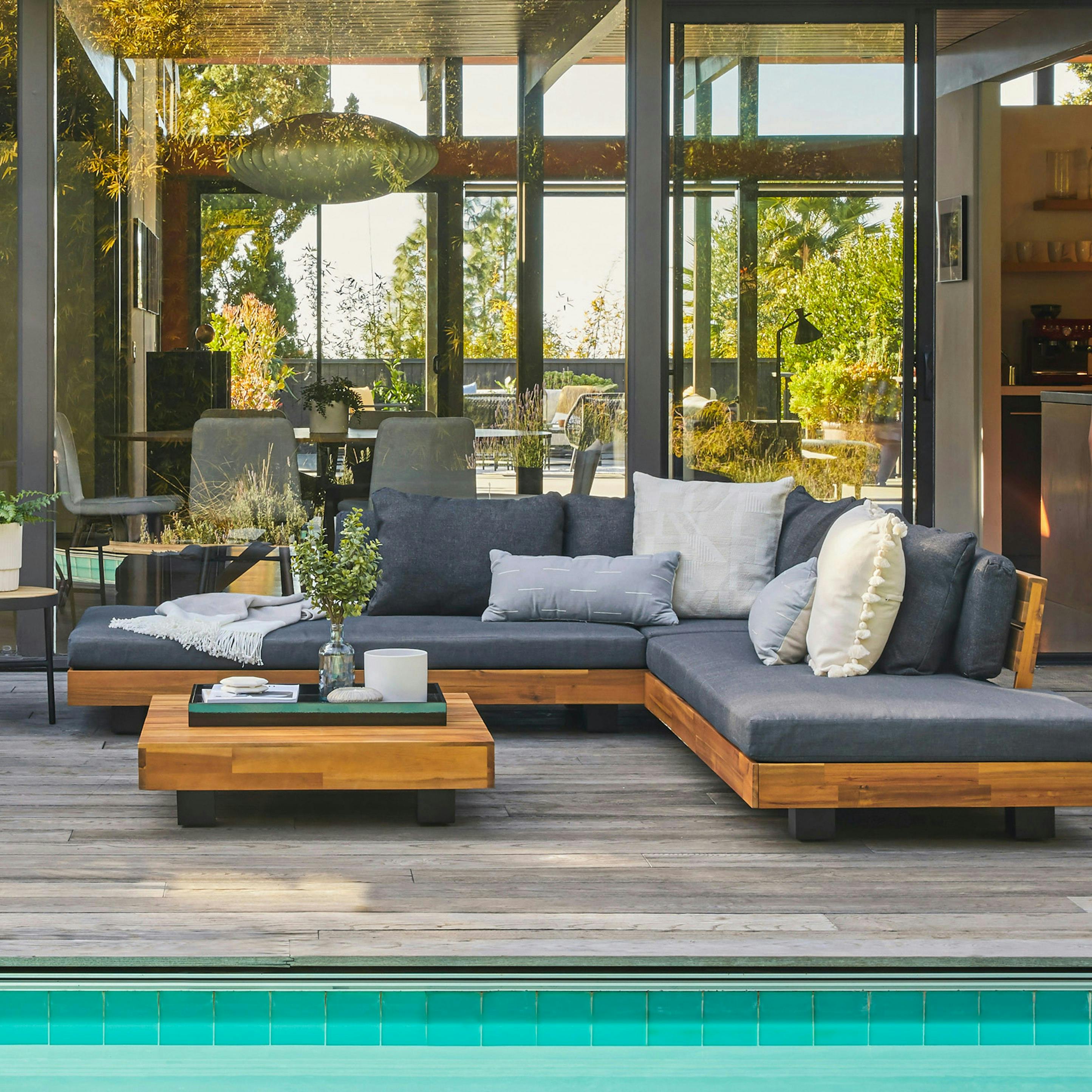 Acacia Wood & Slate Gray Fabric Outdoor Sectional | Lubek | Article