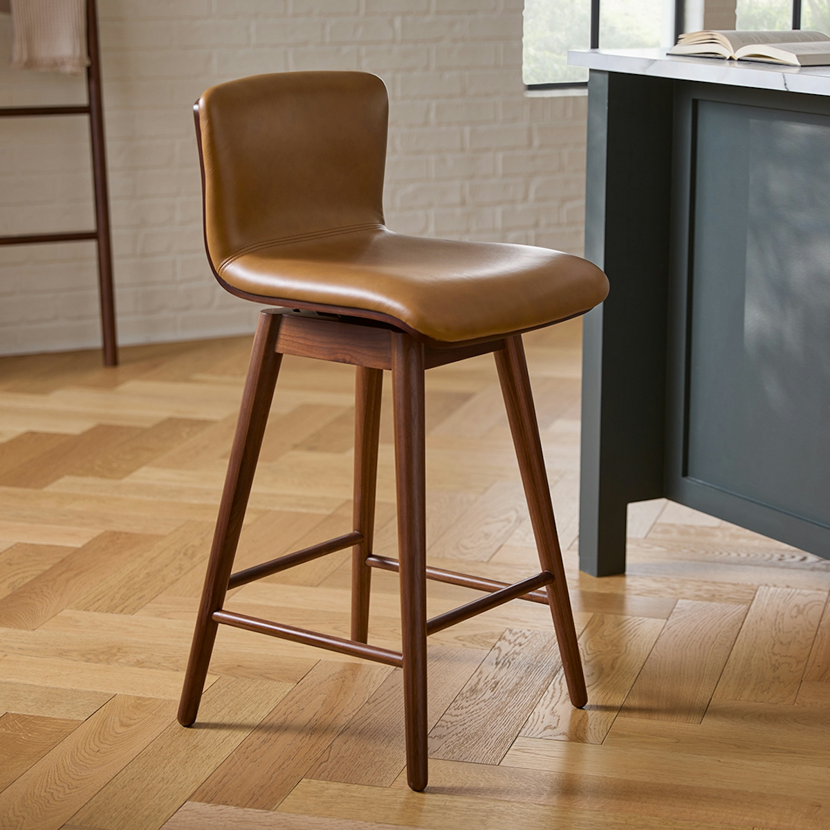 Walnut & Toscana Tan Leather Swivel Counter Stool | Article