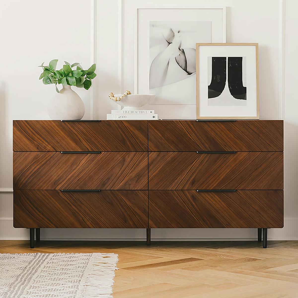 Walnut Wood Double Dresser w/ 6 Drawers | Nera | Article Walnut Wood Double Dresser w/ 6 Drawers | Nera | Article