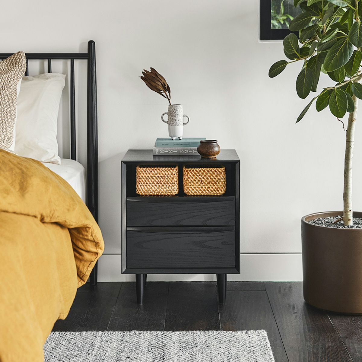 Black Ash Wood Nightstand w/ 2 Drawers Lenia Article