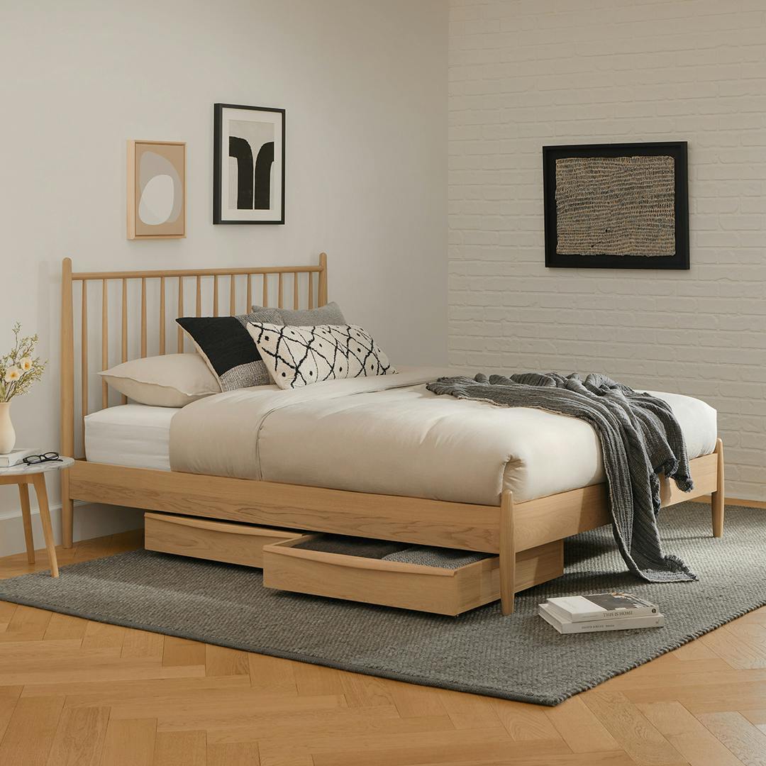 White Oak Queen-sized Wood Spindle Bed | Lenia | Article