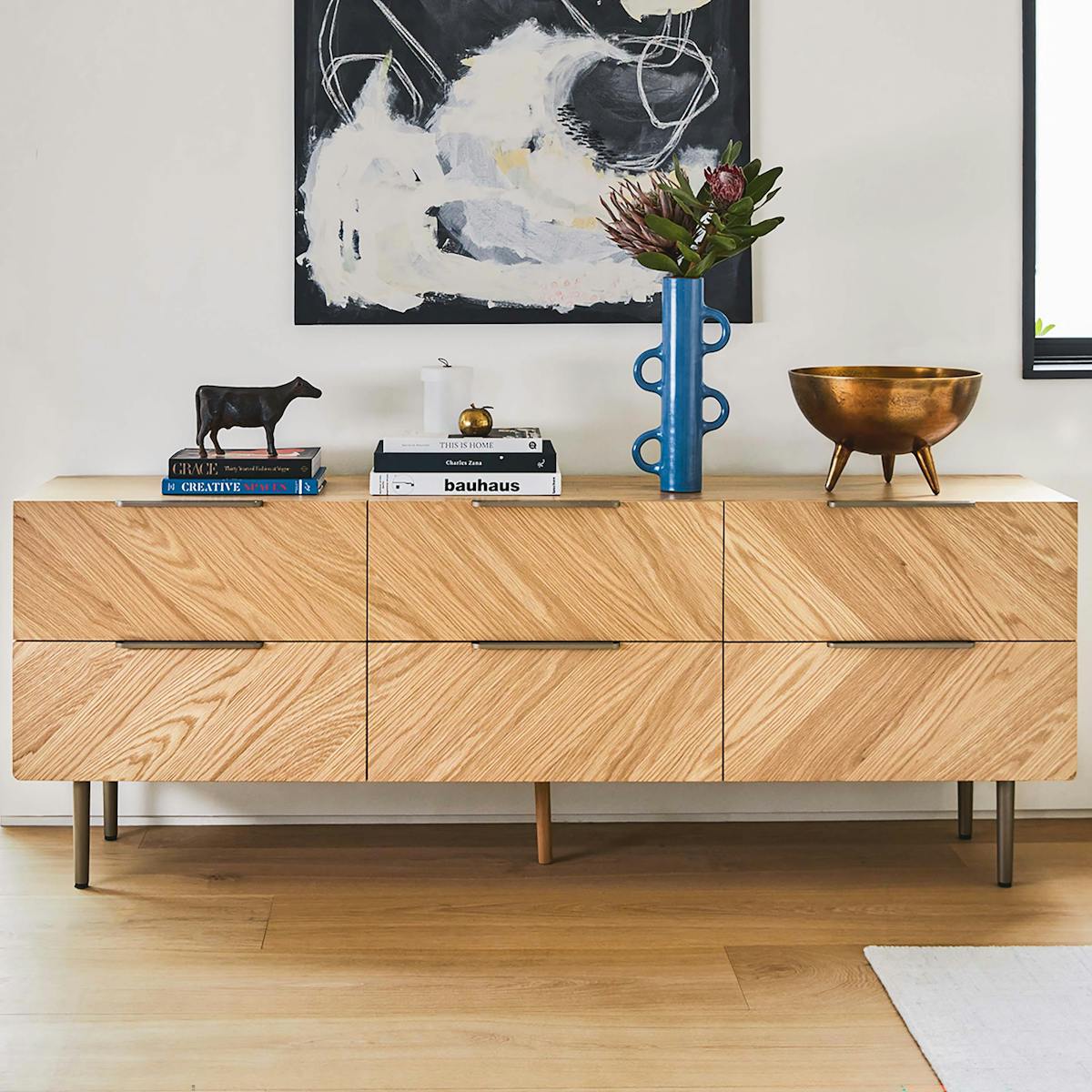 Nera Light Brown Oak Low Dresser with 6 Drawers | Article Nera Light Brown Oak Low Dresser with 6 Drawers | Article