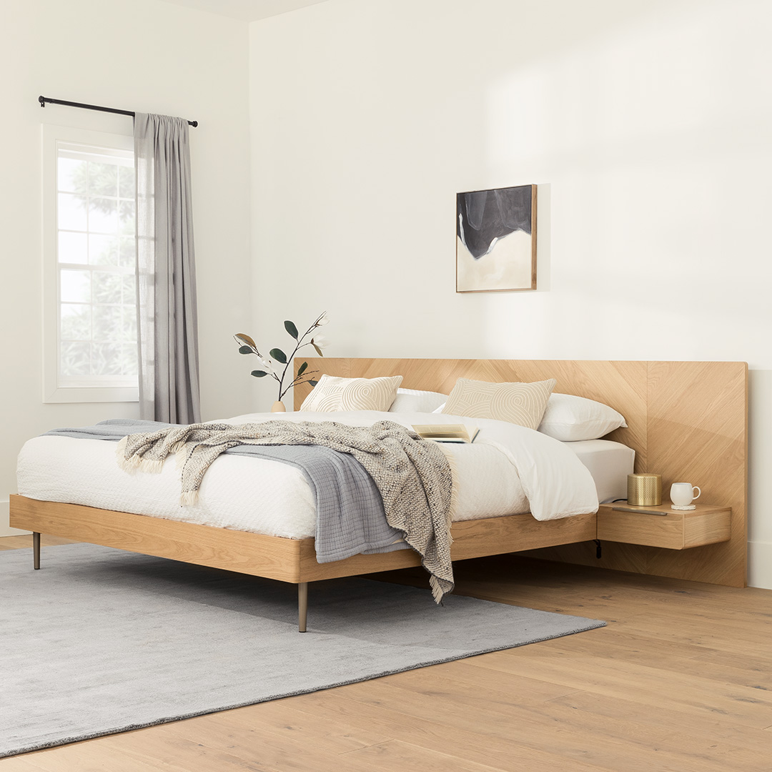Nera King Low Profile Bed with Nightstands Set - Oak