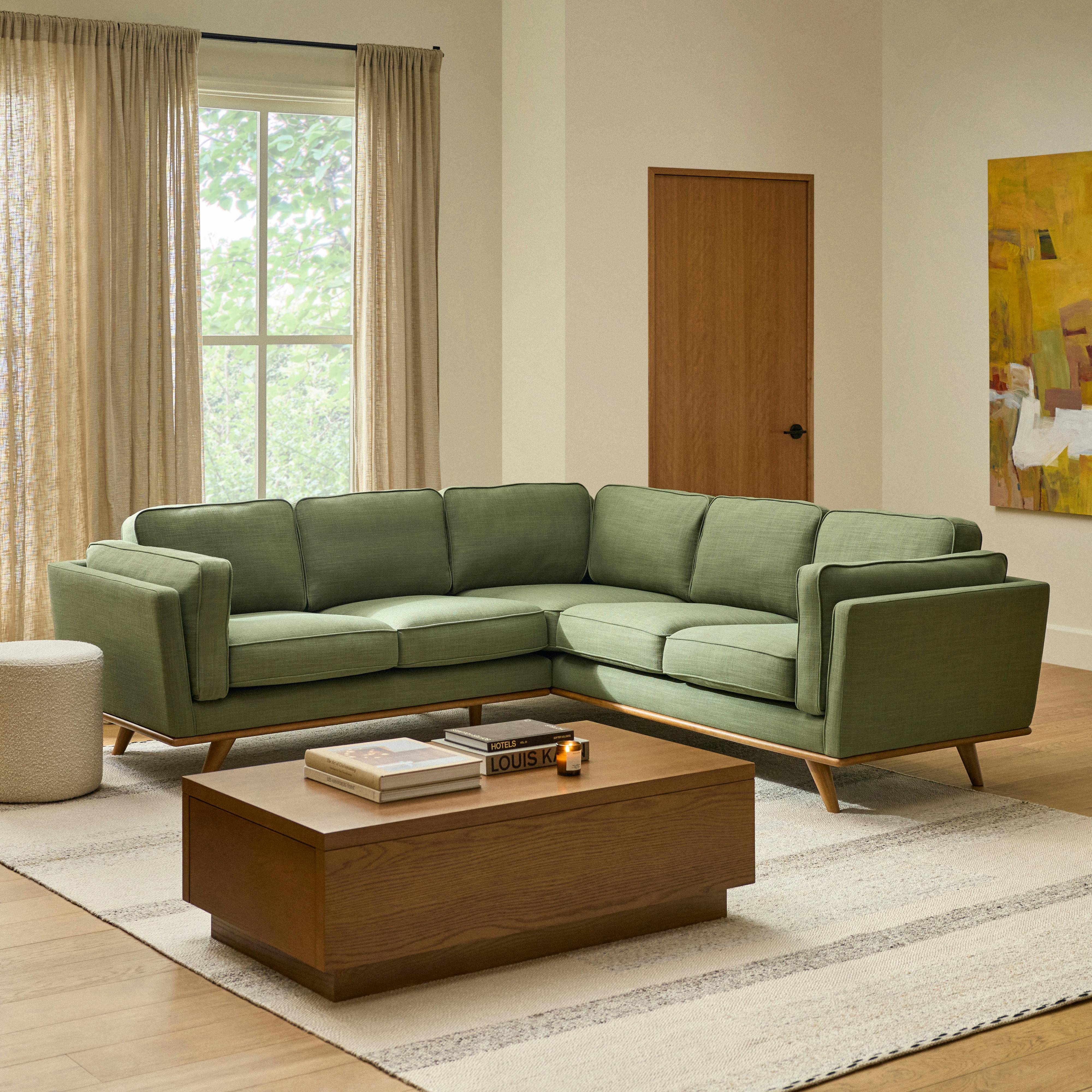 unico ウニコ ALBERO カバーリングオットマン シーグリーン Honey Oak & Olio Green Fabric Corner Sectional Sofa | Timber | Article
