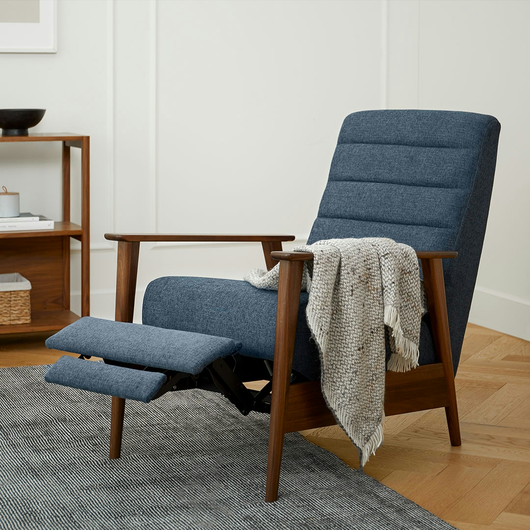 Ellow Walnut Lennox Blue Fabric Recliner Article - Main Image