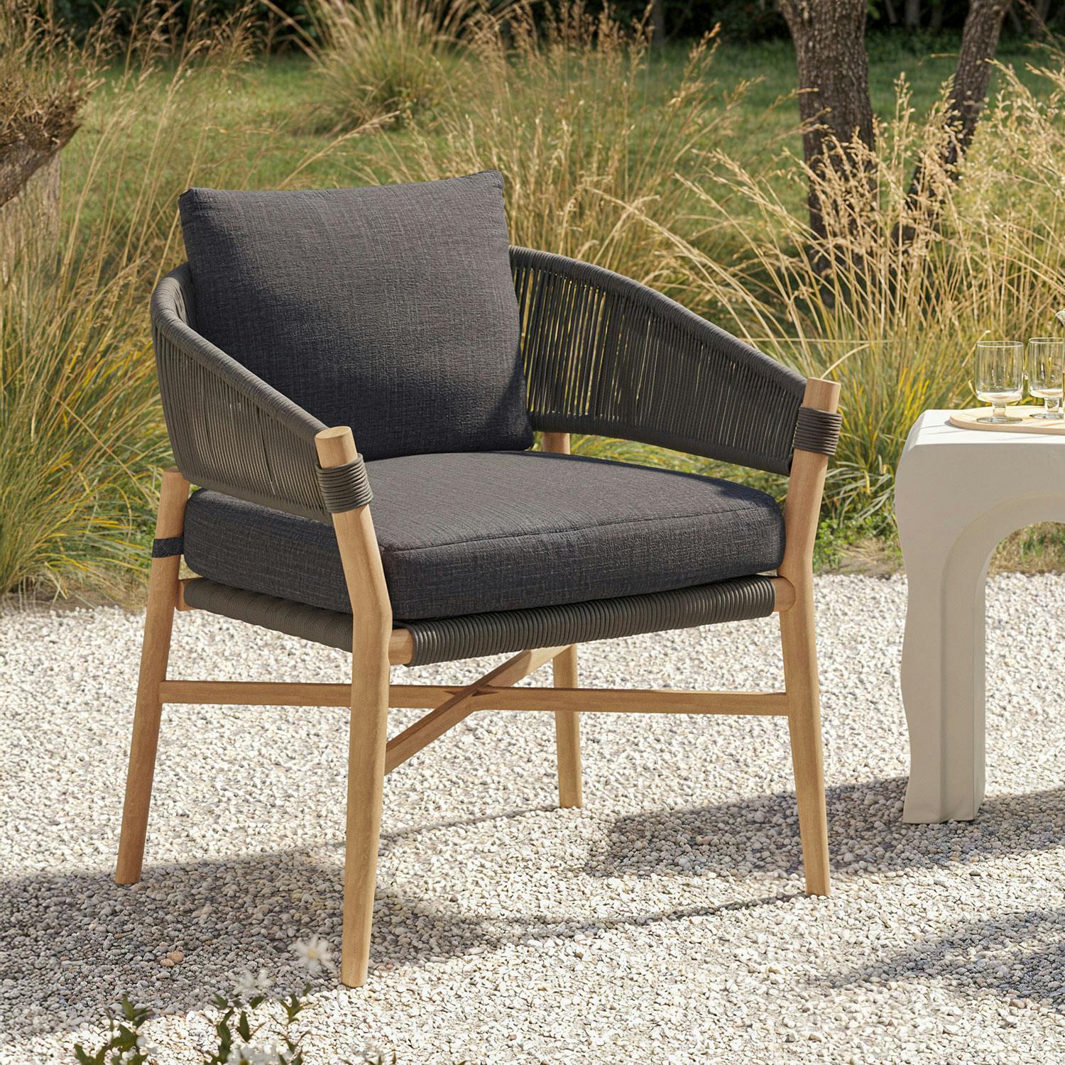 Slate Gray Woven Polypropylene & Acacia Wood Outdoor Lounge Chair