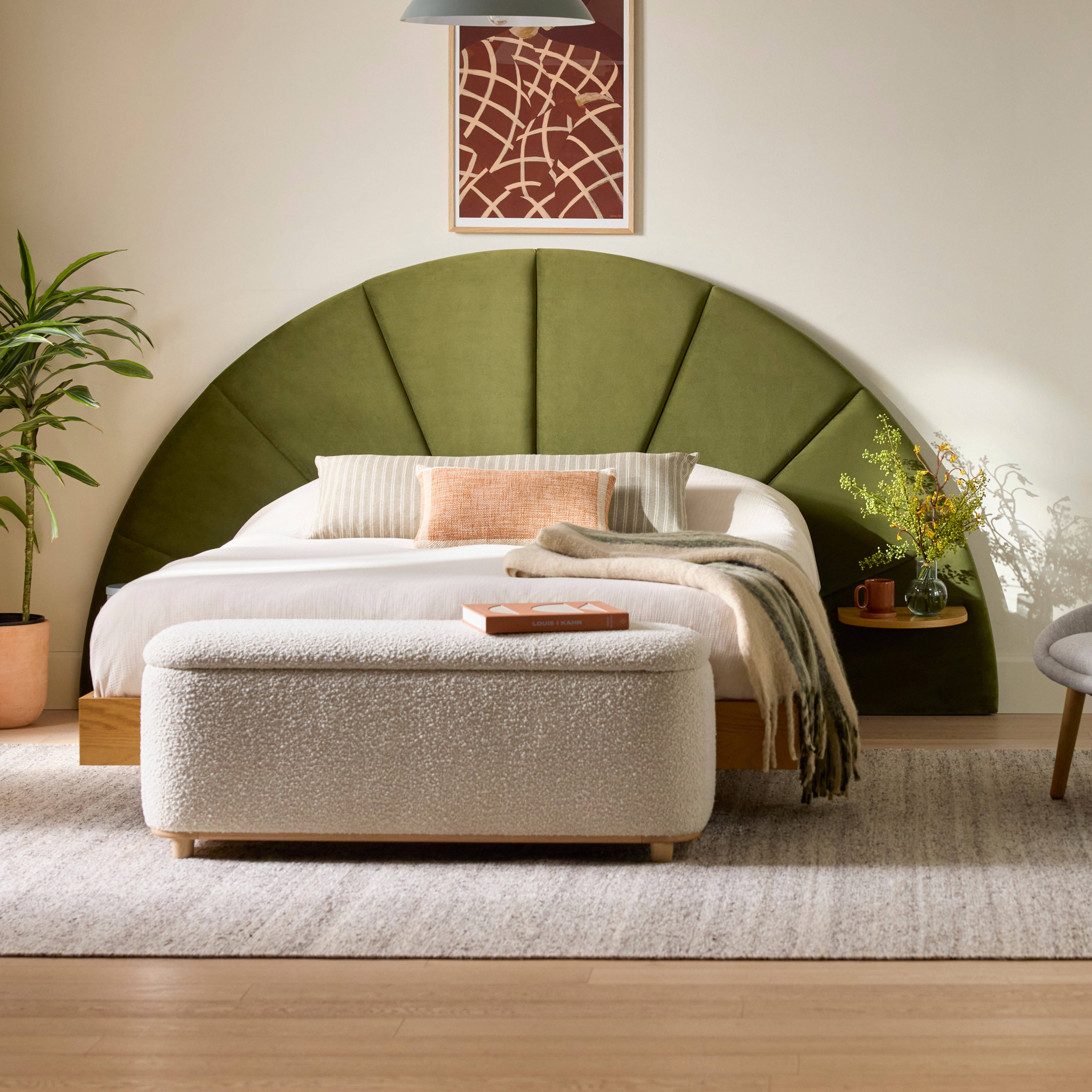 Almelo King Hale Serrano Green Velvet Headboard + Oak Nightstands