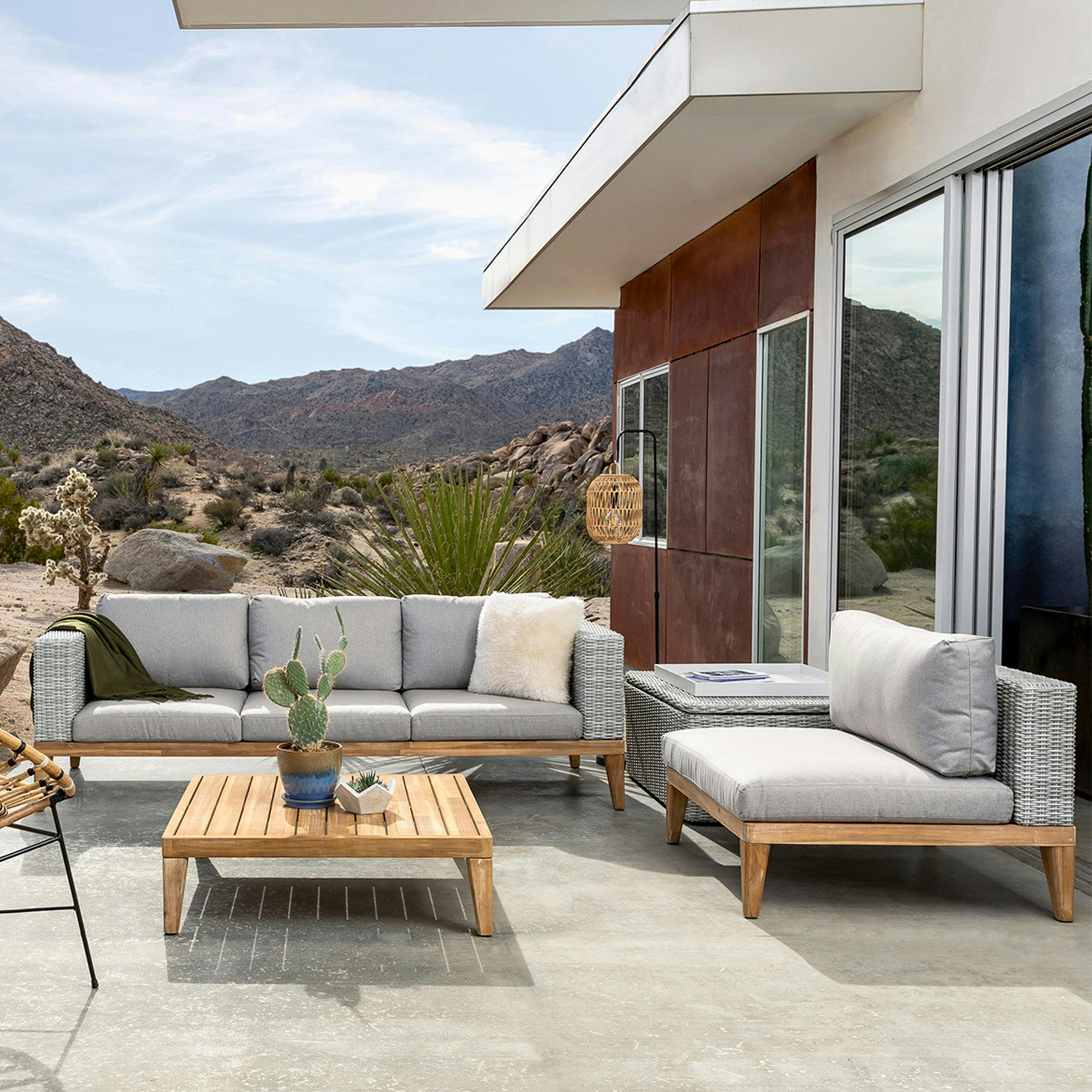 Beach Sand Fabric, Wicker & Acacia Outdoor Patio Sofa Set | Urba