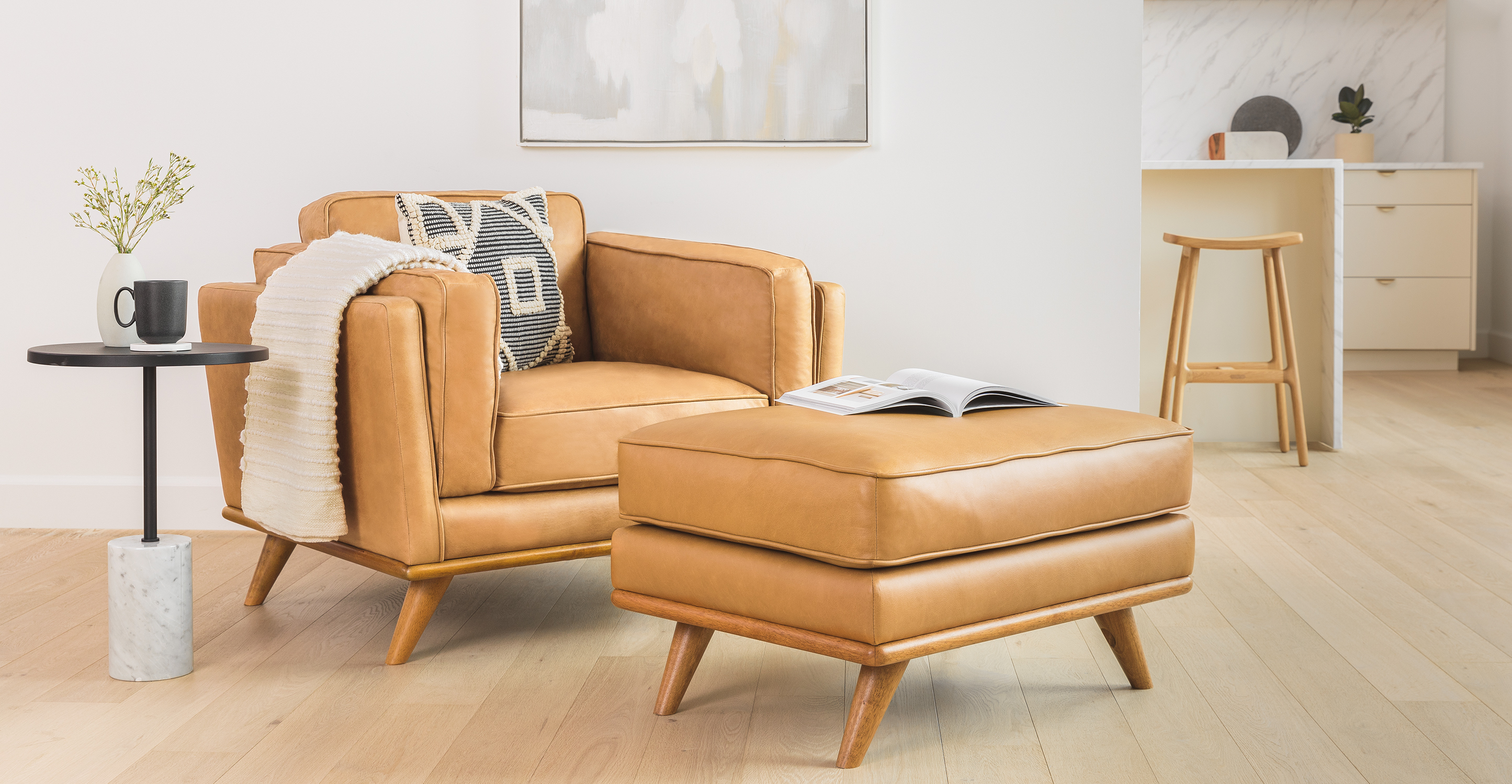 Charme Tan Timber Leather Honey Oak 3 Seater Sofa Article