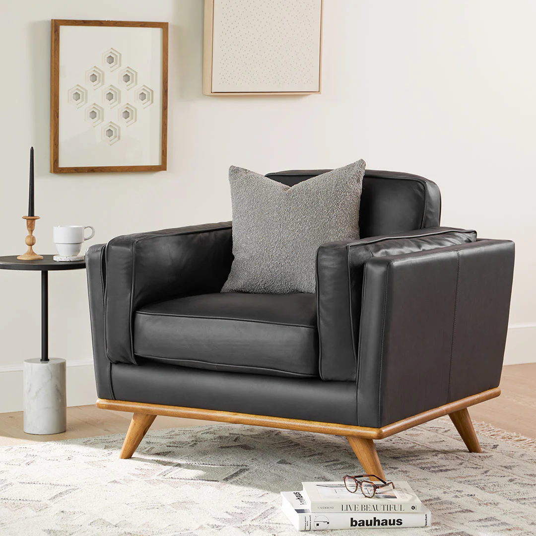 Timber 41" Black Leather Lounge Chair - Mid-Century