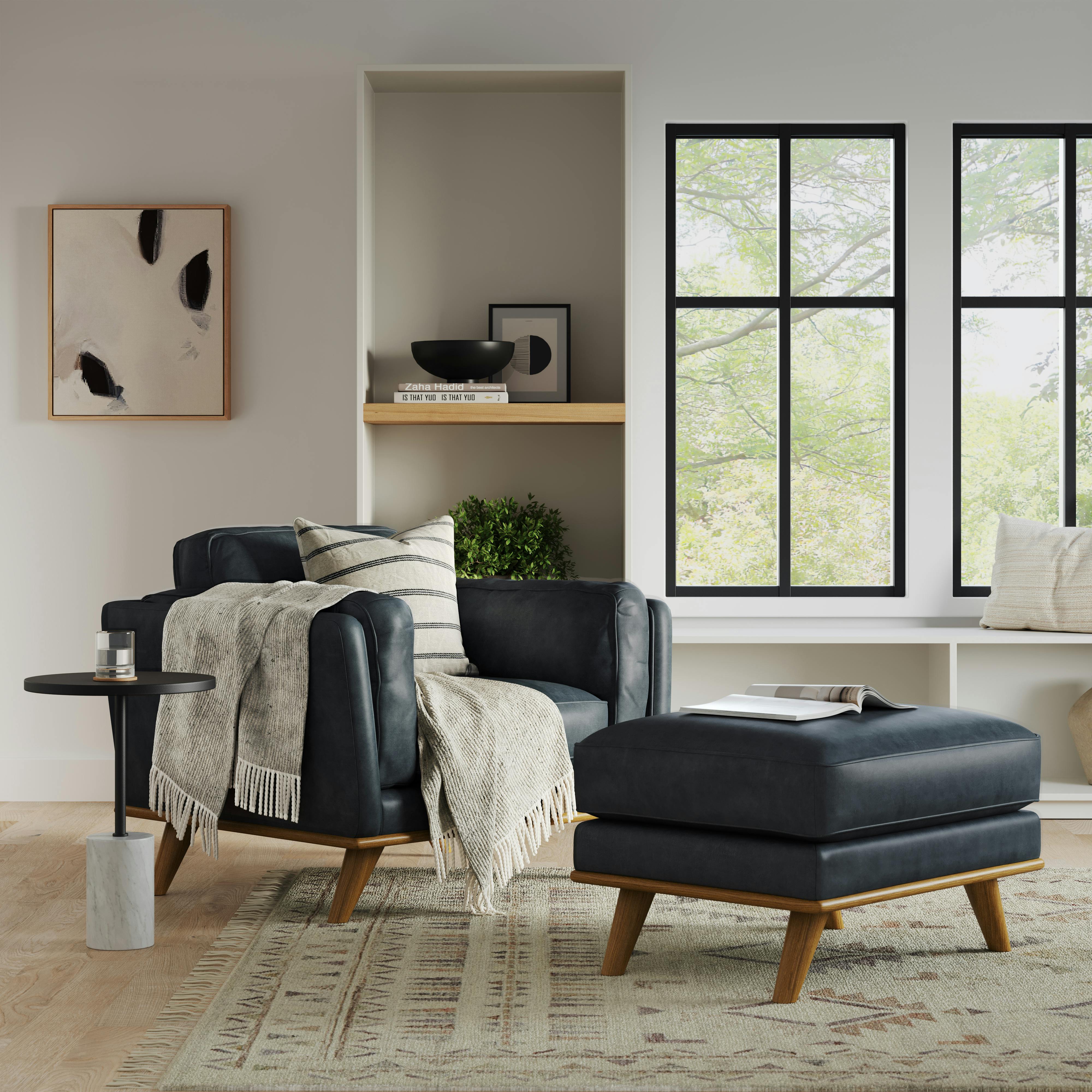 Charme Black Leather w/ Honey Oak Lounge Chair | Article