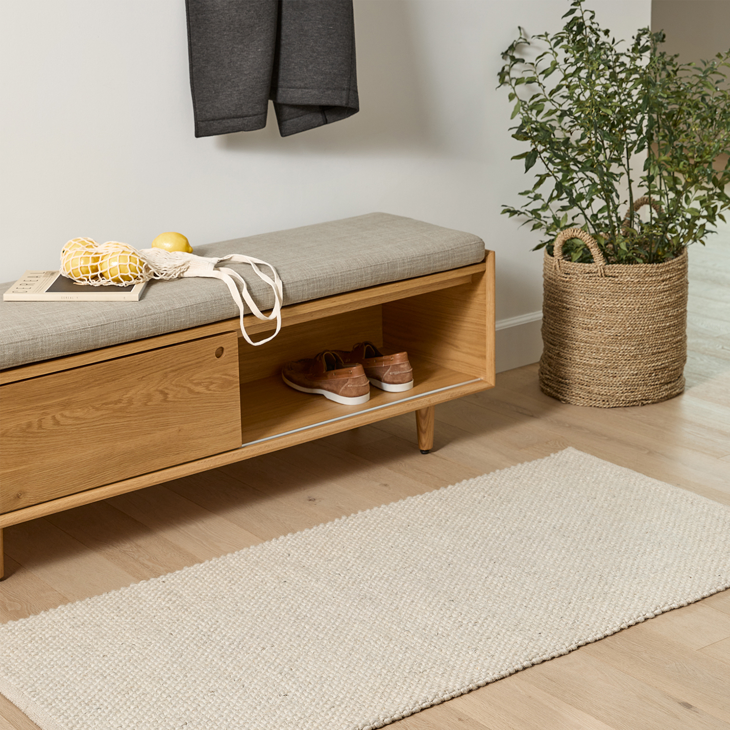 Nederin Rain Cloud Gray Fabric & Oak Bench | Article