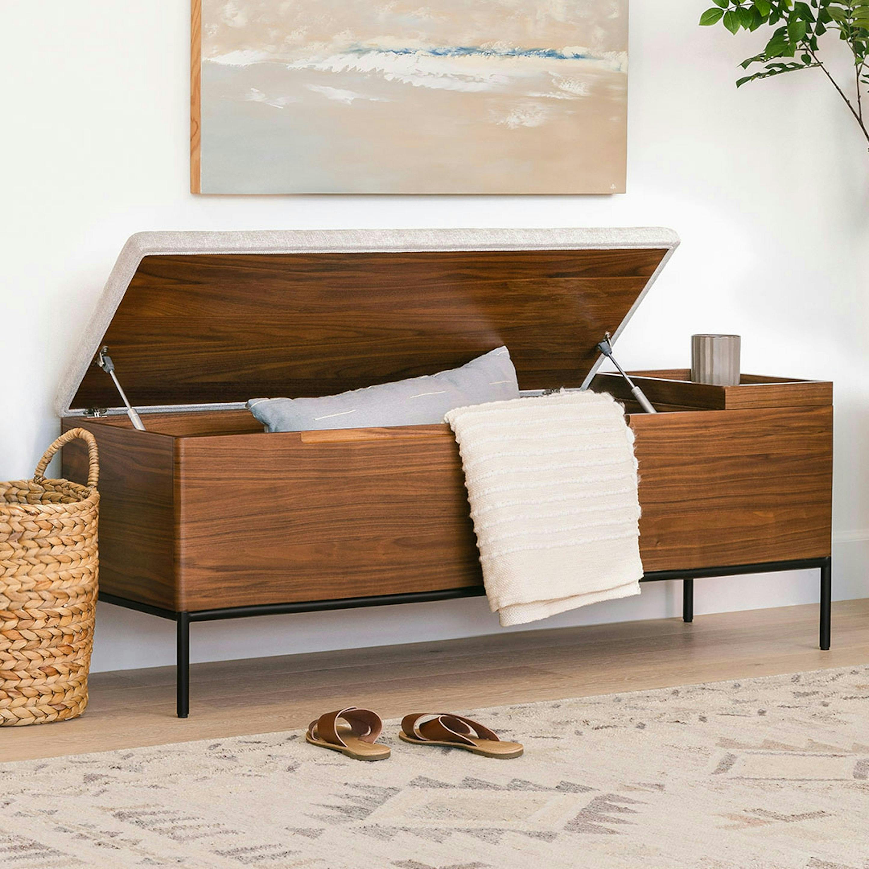 Walnut & Everest Gray Fabric Bench w/ Storage | Thari | Article