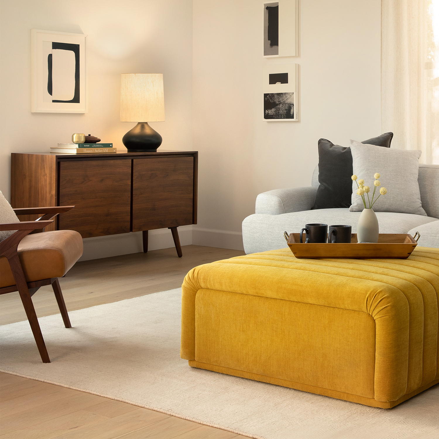 fantastic otomosan 福居良トリオ EarlySummer Sefto Marigold Yellow Tufted Ottoman | Article