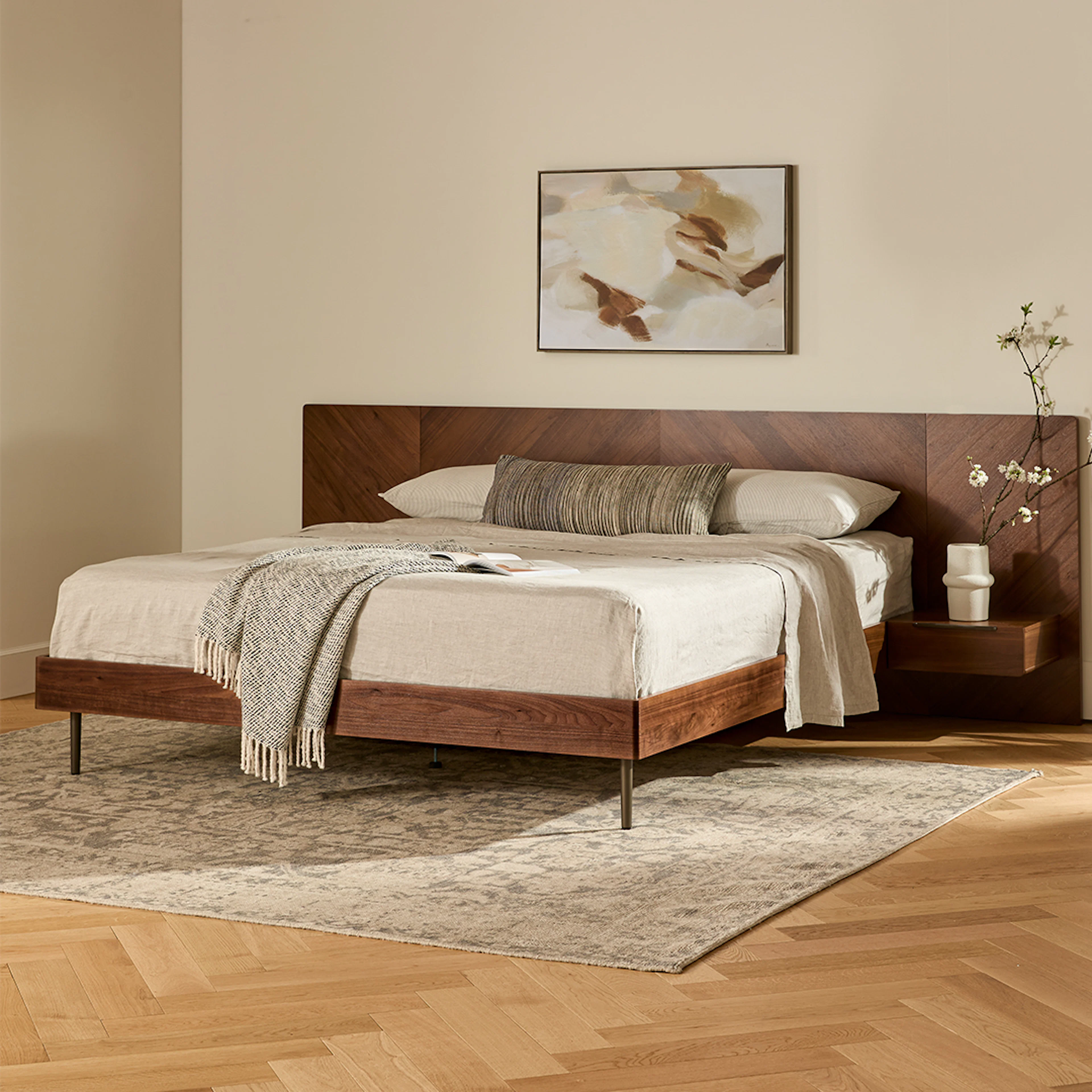 Nera California King Low Profile Bed with Nightstands Set - Walnut