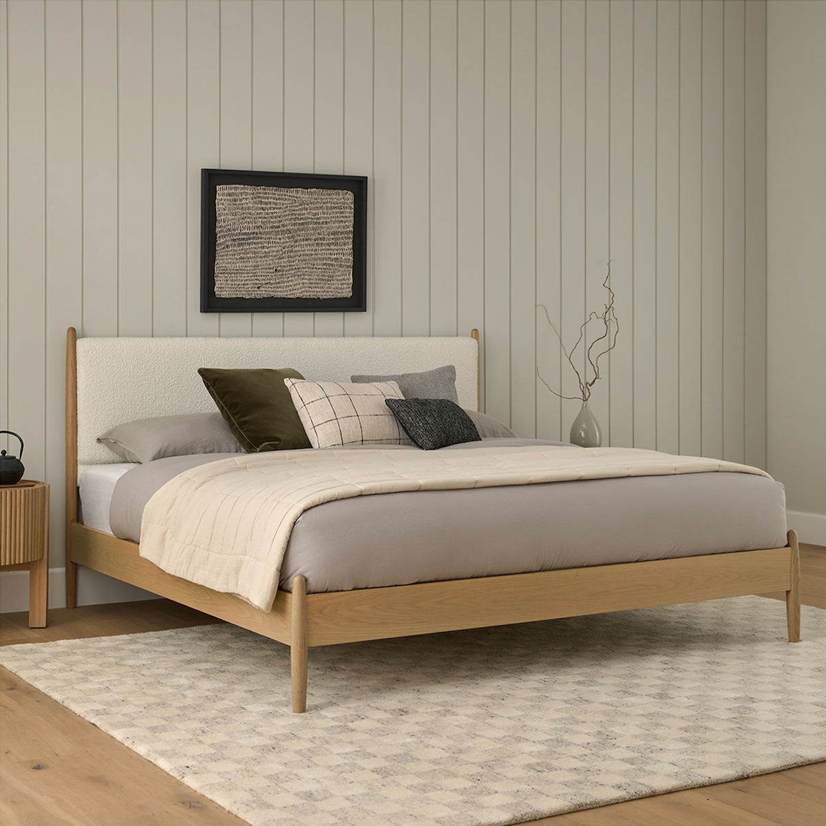 White Bouclé & White Oak King Bed Lenia Article