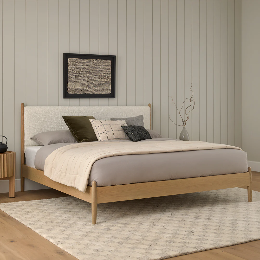 Lenia King Upholstered Bed - White Oak and Lunaria White Bouclé