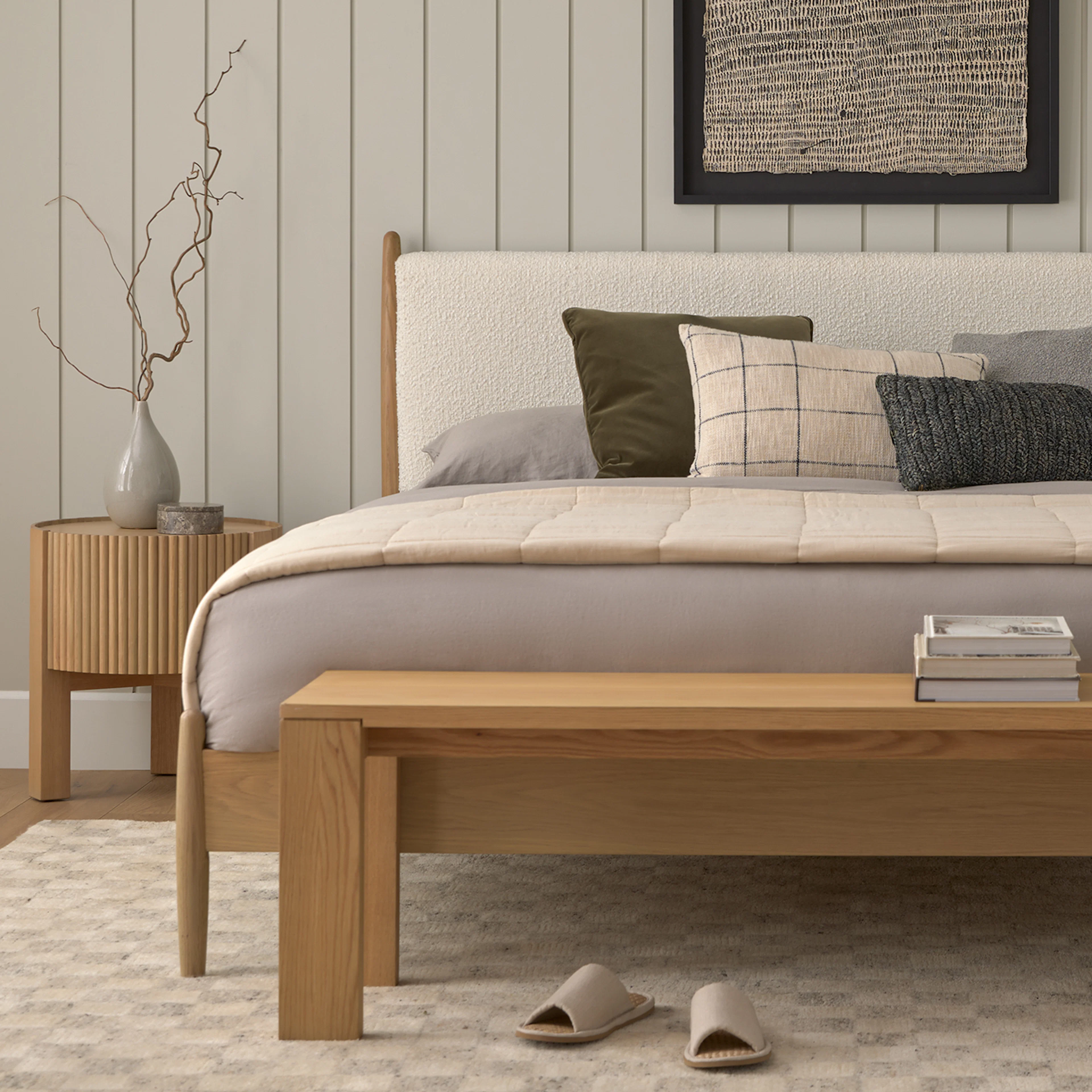 Lenia King Upholstered Bed - White Oak and Lunaria White Bouclé