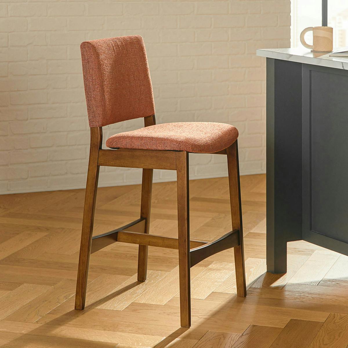 Set of 2 Nosh Rosehip Orange Fabric & Walnut Counter Stools | Article