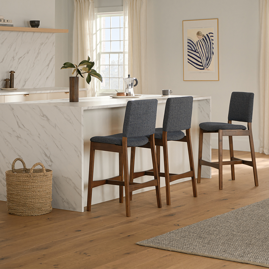 Nosh Denim Blue Fabric & Solid Wood Counter Stool | Article