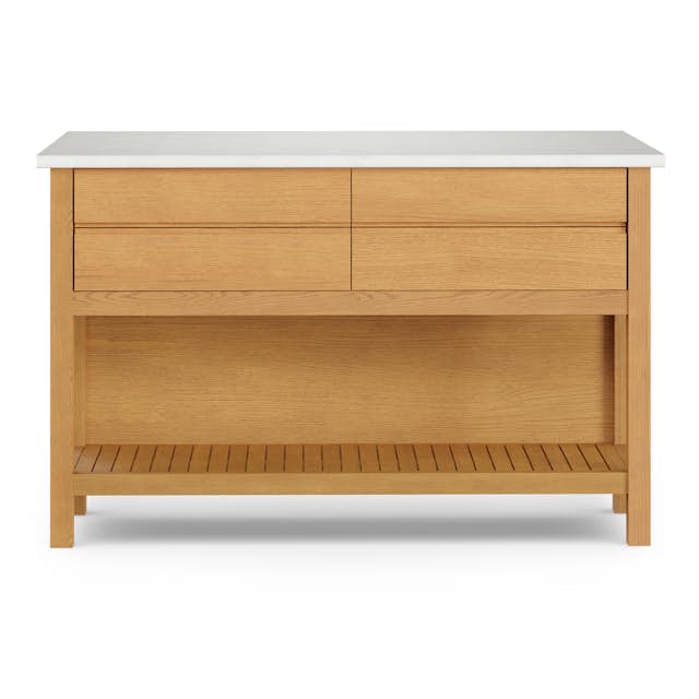 Quincy Oak Wood & Quartz Kitchen Island w/ Counter Stool Seating, Soft ...